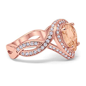 Teardrop Engagement Bridal Ring Rose Tone, Simulated Morganite CZ 925 Sterling Silver
